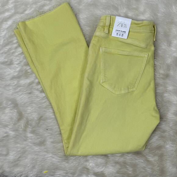 Zara Mid Rise Crop Flare Lime Yellow Stretch Jeans NWT Size 8 - Picture 13 of 15
